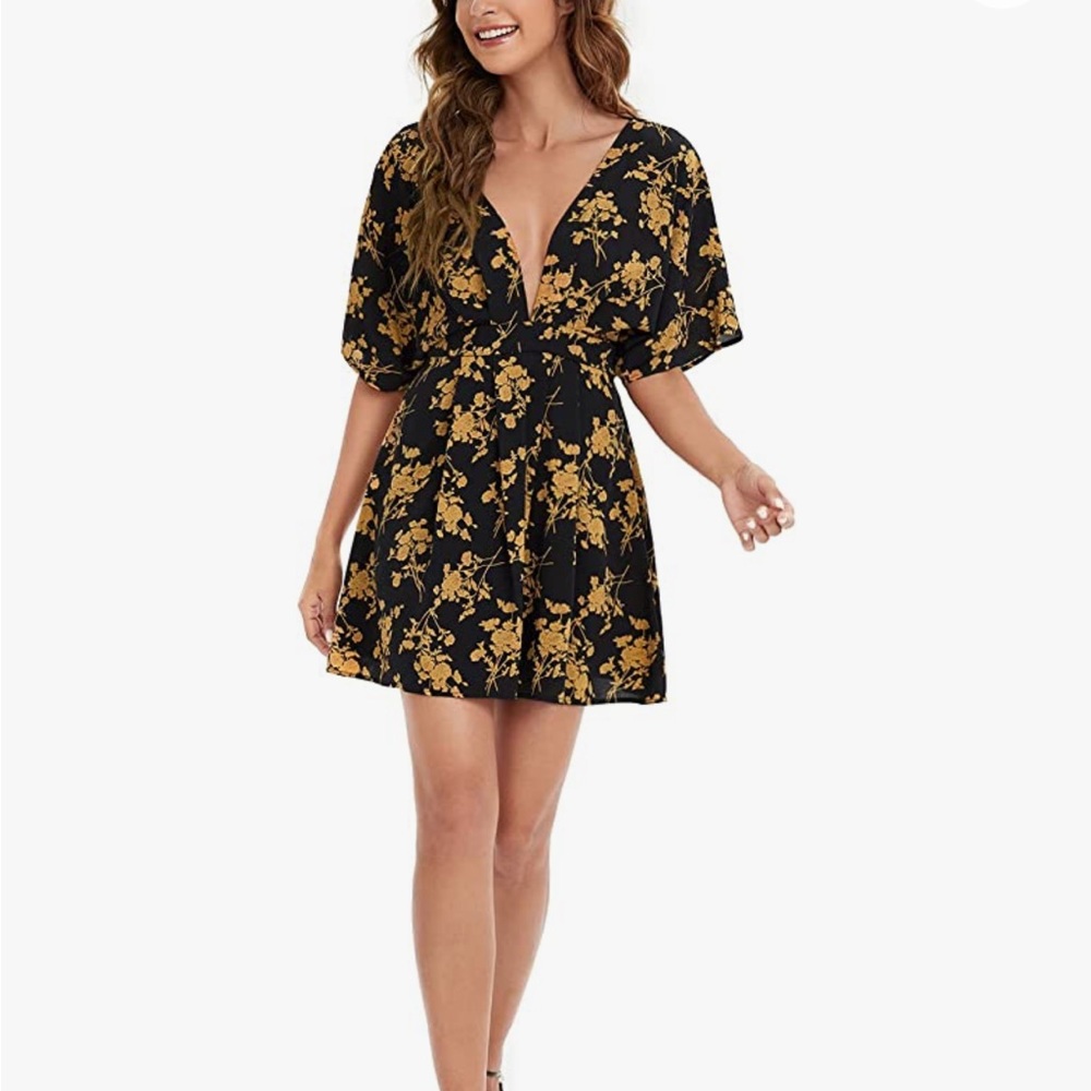 Floral black and gold dress deep v neck line